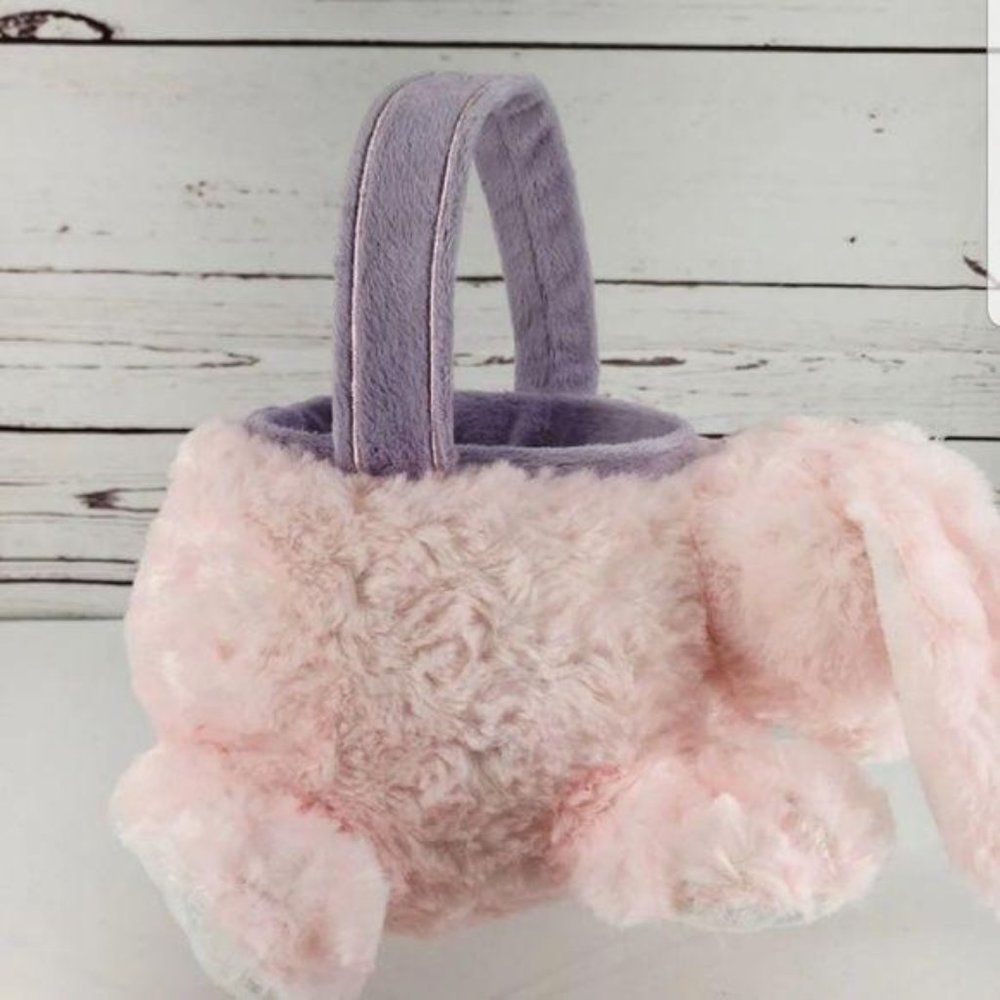 Animal Adventure Pink Plush Bunny Easter Basket Shaggy‎ Faux Fur Purple Handle - Picture 3 of 7